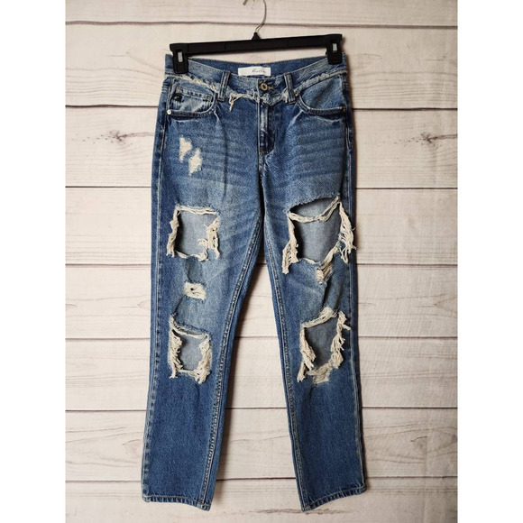 KanCan Denim - Kancan Womens Tapered Jeans Blue Distressed Pockets Whiskered Mid Rise Juniors 1